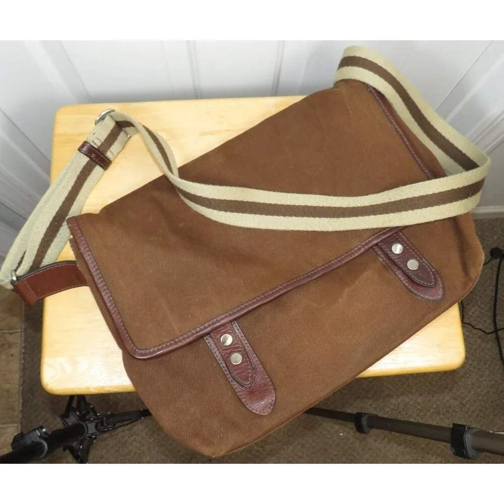 VTG Banana Republic Messenger Bag Canvas Brown Striped Strap & Lining Travel Y2K